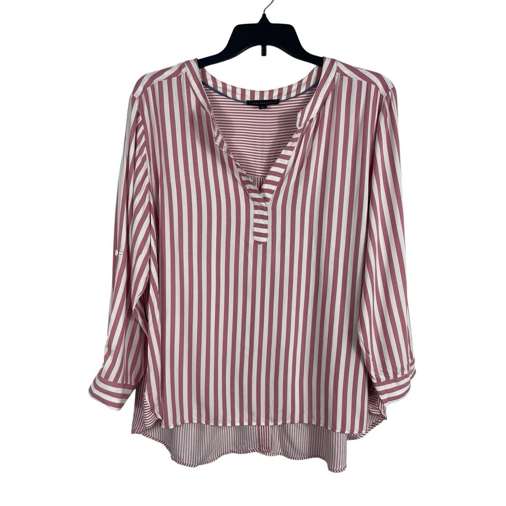Jane & Delancey Womens 2X Pink White Striped Rayon Blouse Roll Tab High Low Top